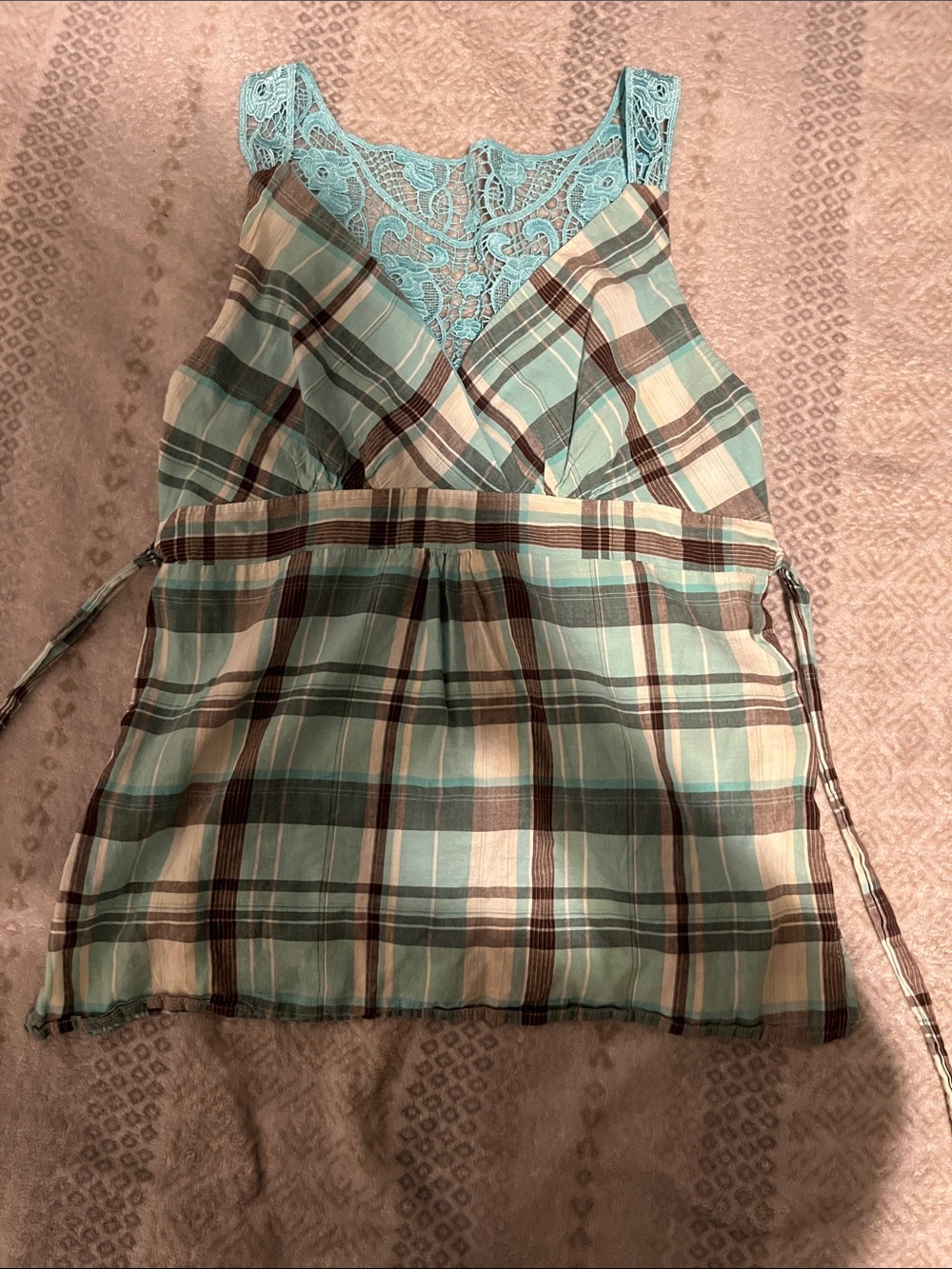 Vanity Plaid & Lace Mixed-Media Tank Top - Aqua, Pink & Brown